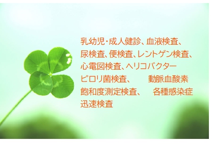 乳幼児・成人健診、血液検査、尿検査、便検査、レントゲン検査、心電図検査、ヘリコバクターピロリ菌検査、動脈血酸素飽和度測定検査、各種感染症迅速検査